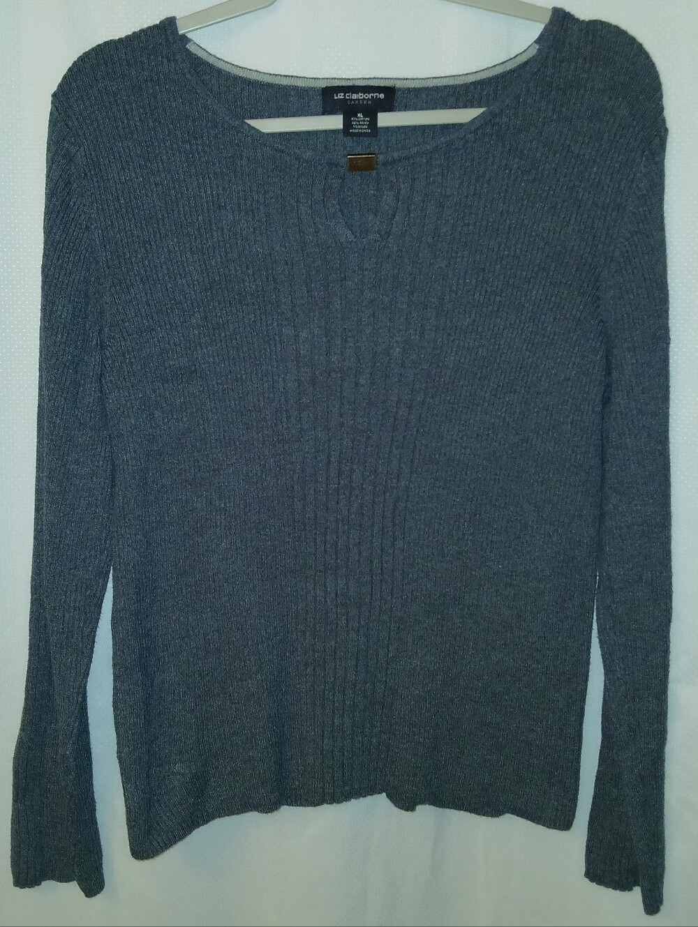 Liz Claiborne Dark Gray Ribbed Knit Thin Sweater w/ Keyhole Neckline, Size XL W